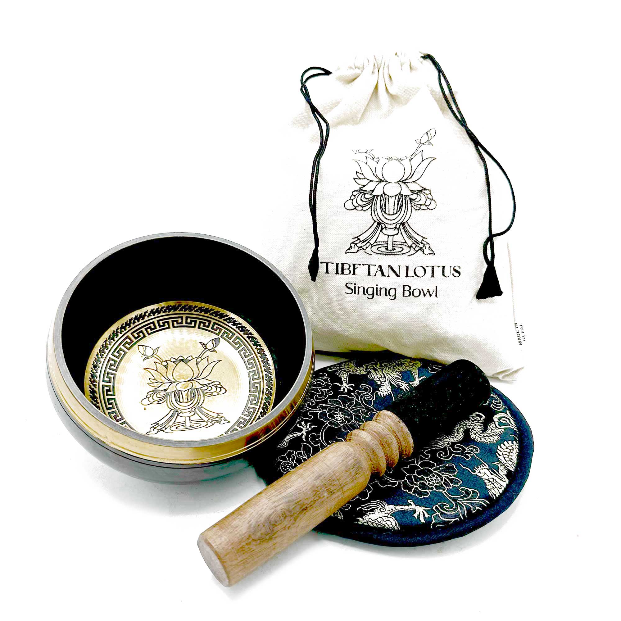 Set de regalo de cuenco tibetano batido y grabado a mano - 14 cm - Flor de loto - Imagen 4